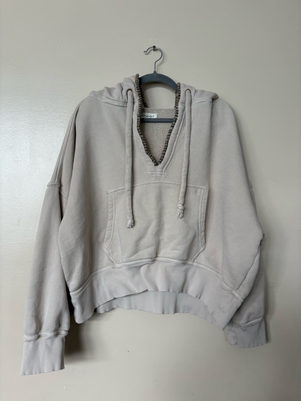 Free People Taupe V-Neck Drawstring Hoodie